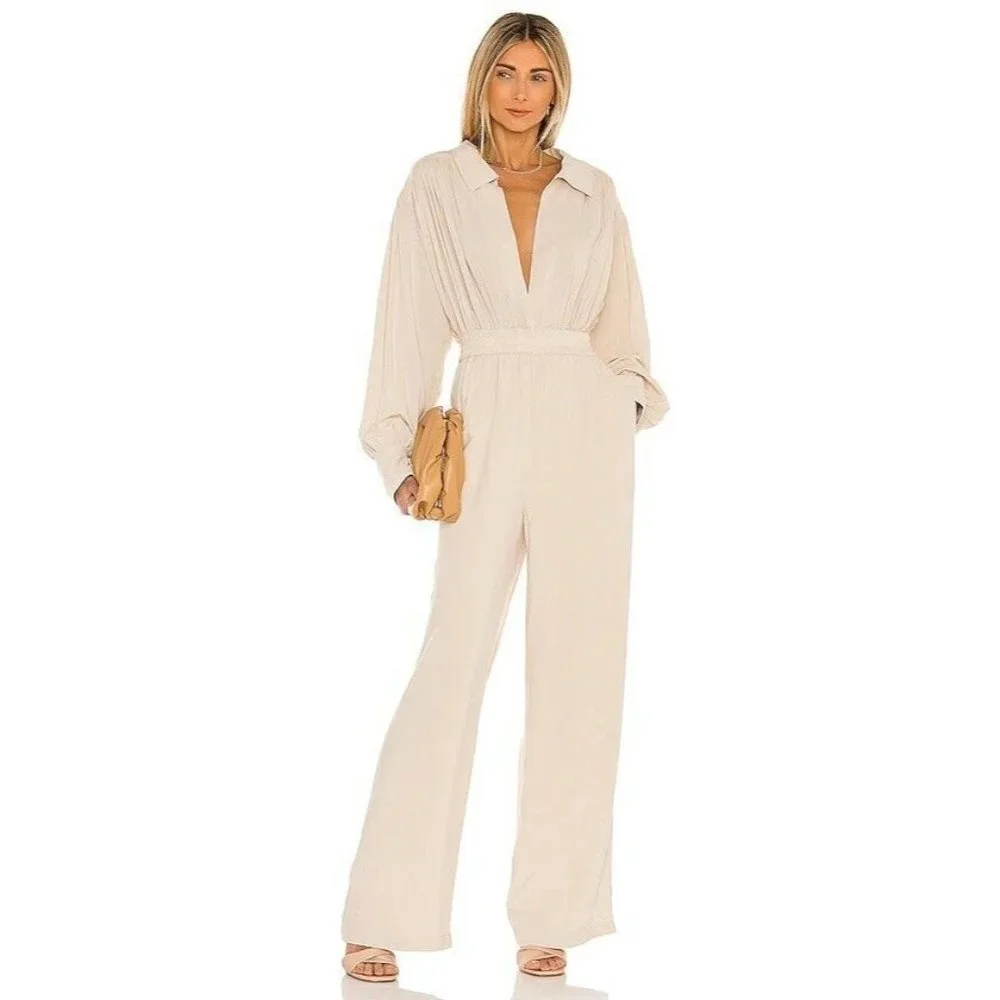 L'Academie The Rayne Jumpsuit Beige Long Sleeve Rayon Revolve XXS NWT $248